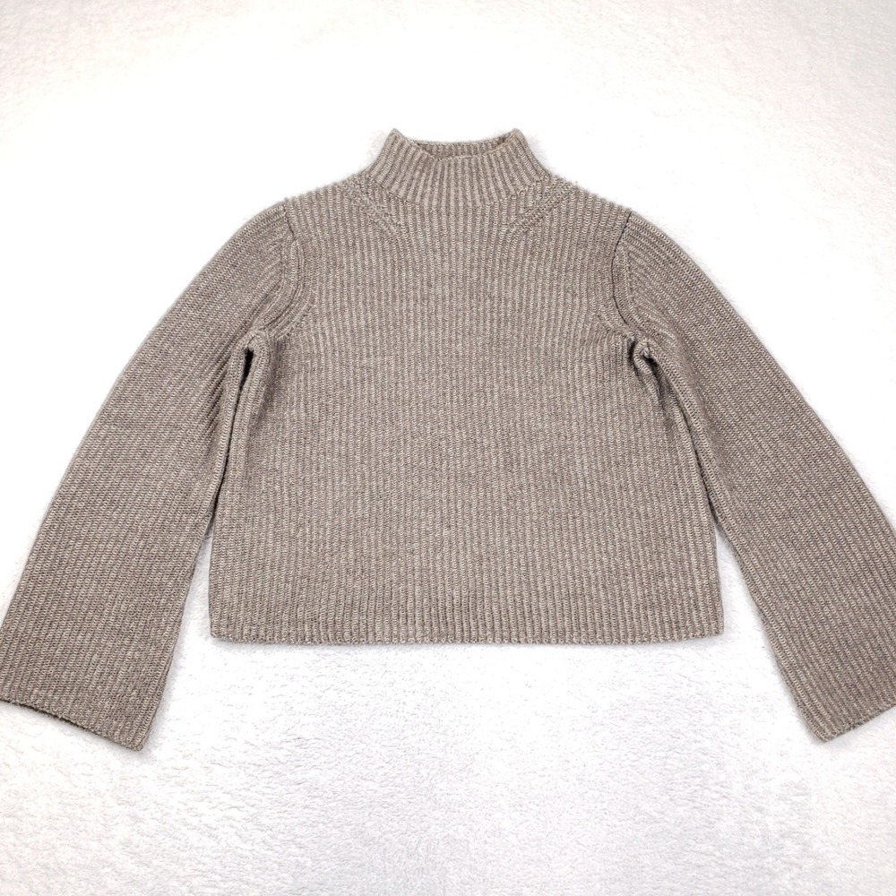 Banana Republic Mock Neck Sweater Brown Merino Wool Ribbed Knit Cozy Bell Sleeve